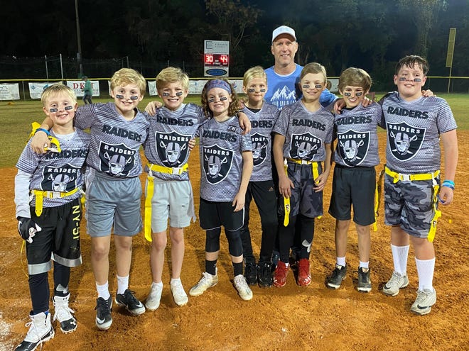 The Raiders won the 11-13 year old Youth Flag Football League in Destin on Thursday evening. Members of the team (from left) are Court Harned, Pierre Laudumiey, Kellen Ramsey, Jackson Black, Deacon Martin, Baker Giles, Chase Wandrick and Nathan Sills. They were coached by Chad Wandrick.