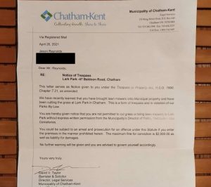 Letter from the Municipality of Chatham-Kent regarding Lark Park (Photo courtesy Jason Reynolds)