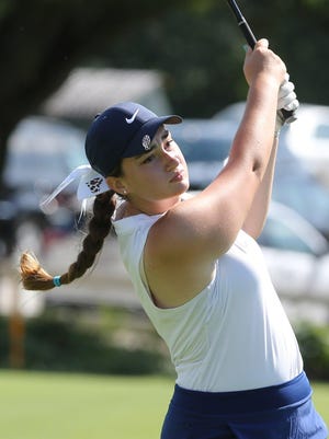 Louisville's Madison Gruber watches her shot on the 10th tee during last year's Marlington's Tri-County Invitational.
