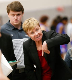 Shelton State Head Coach Madonna Thompson gives pointed directions during a timeout at Shelton State Thursday, Dec. 5, 2019. The Shelton women defeated Wallace-Selma 87-68. [Staff Photo/Gary Cosby Jr.]