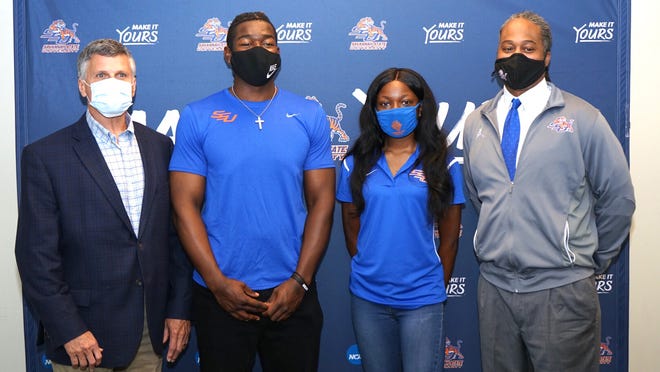 Savannah State student-athletes Andrai Wright and Jedaiah Daniels recently received scholarships from the Abbie DeLoach Foundation. From left: Jimmy DeLoach, Andrai Wright, Jedaiah Daniels and Savannah State University Director of Athletics Opio Mashariki.