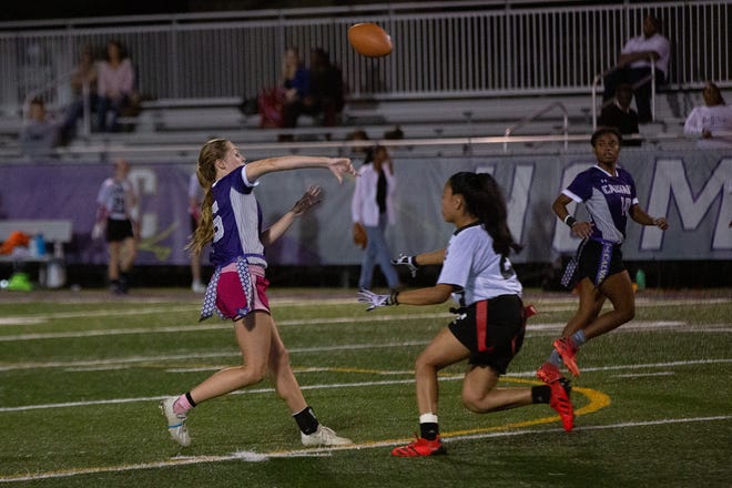 Calvary’s Hannah Cail (5) passes the ball against Savannah Arts.