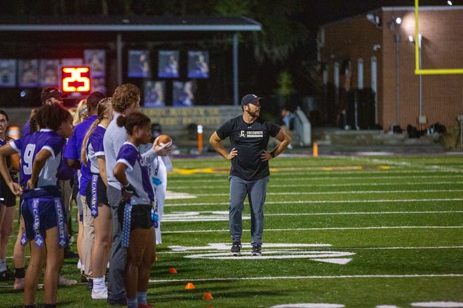 Calvary coach Nick Grassi watches the offense play against Savannah Arts.
