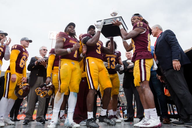 Central Michigan celebrates its win against Washington State at the 88th Tony the Tiger Sun Bowl at Sun Bowl Stadium in El Paso, Texas, on Friday, Dec. 31, 2021.