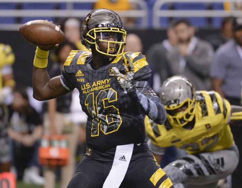 East quarterback Jawon Pass looks to pass during the second half of the Army All American Bowl high school football game against the West, Saturday, Jan. 9, 2016, in San Antonio. West won 37-9. (AP Photo/Darren Abate)