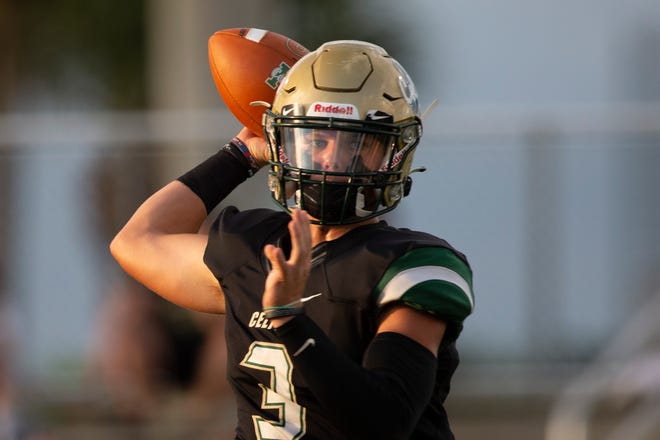 St. John Neumann's Dawson Jones (3) throws a pass during warmup before a high school football game between St. John Neumann Catholic High School and Community School of Naples, Friday, Sept. 24, 2021, at Community School in Naples, Fla.