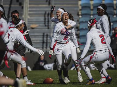 U.S. women's flag football team defensive back Deliah Autry (10) of Tampa, Fla., celebrates during a game against Austria at the world championships in Jerusalem in 2021. The Dallas Cowboys are helping to launch girls flag football in Fort Worth ISD.