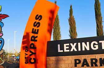 A big, bold, and eye-catching sign marks the northwest corner of Lexington Park, the newest park in the City of Cypress. Photo by C.E.H. Wiedel.