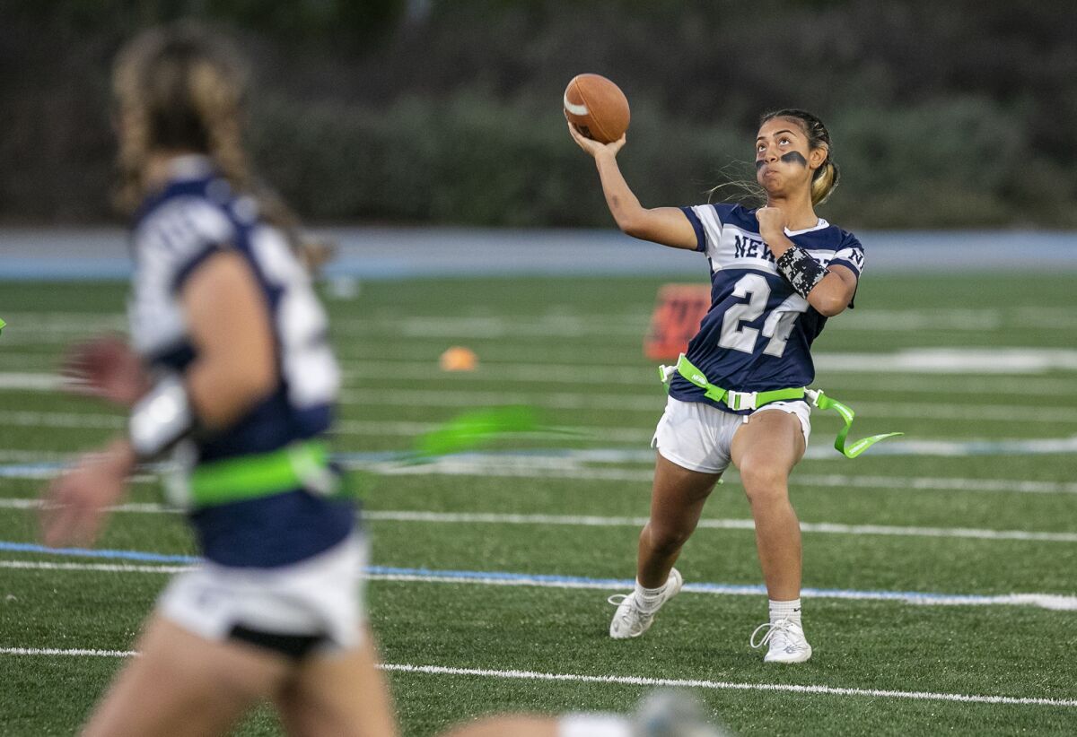Newport Harbor's Jianna Lopez throws a pass in the game against Corona del Mar on Wednesday.