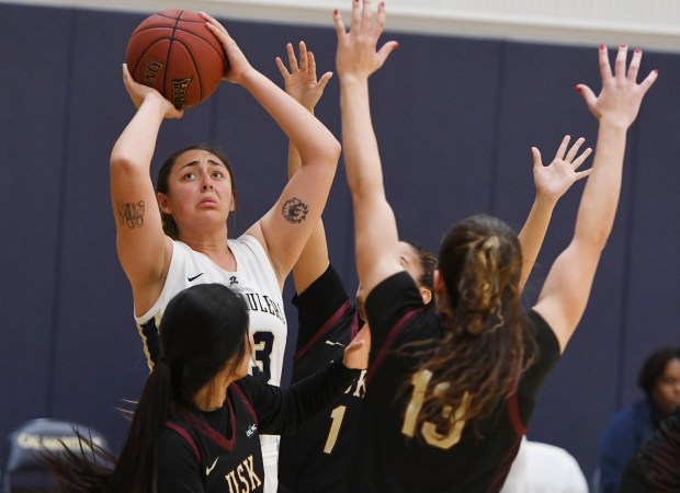 Cal Maritime's Alicia Porter shoots for two of her 24 points during this season's 80-54 loss to Saint Katherine. (Chris Riley/Times-Herald file)