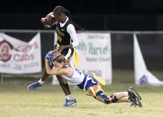 Forest Janiana Wess (20) intercepts a pass as Forest travels to Belleview for the MCIAC championship Thursday, April 6, 2023, at Belleview High School in Belleview, Fla. Belleview won 13-12 in overtime. [Alan Youngblood/Special to the Ocala Star-Banner]