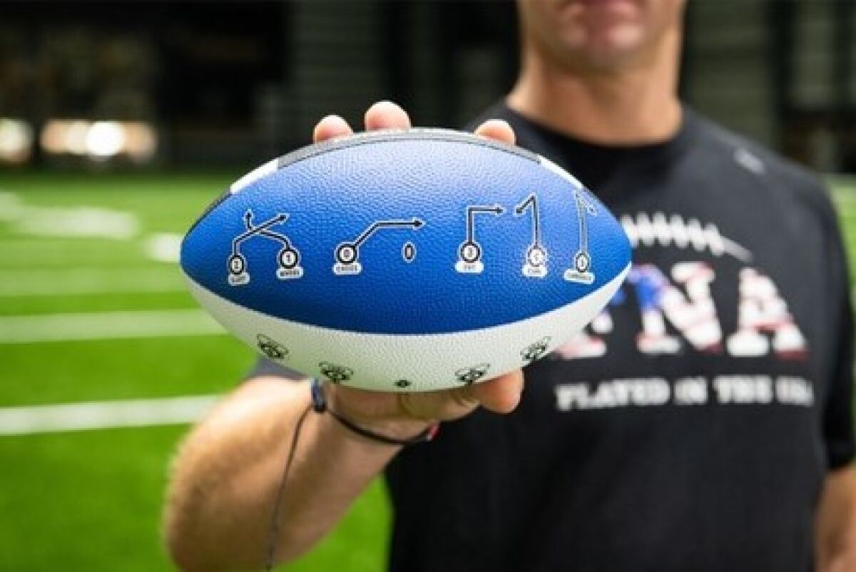 La Jolla Football ’N’ America balls have a sketch of routes for players to practice.