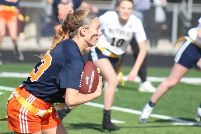 Summit's Emma Bradford (23) picks off a pass against Independence during the Williamson County Girls Flag Football tournament semifinals.