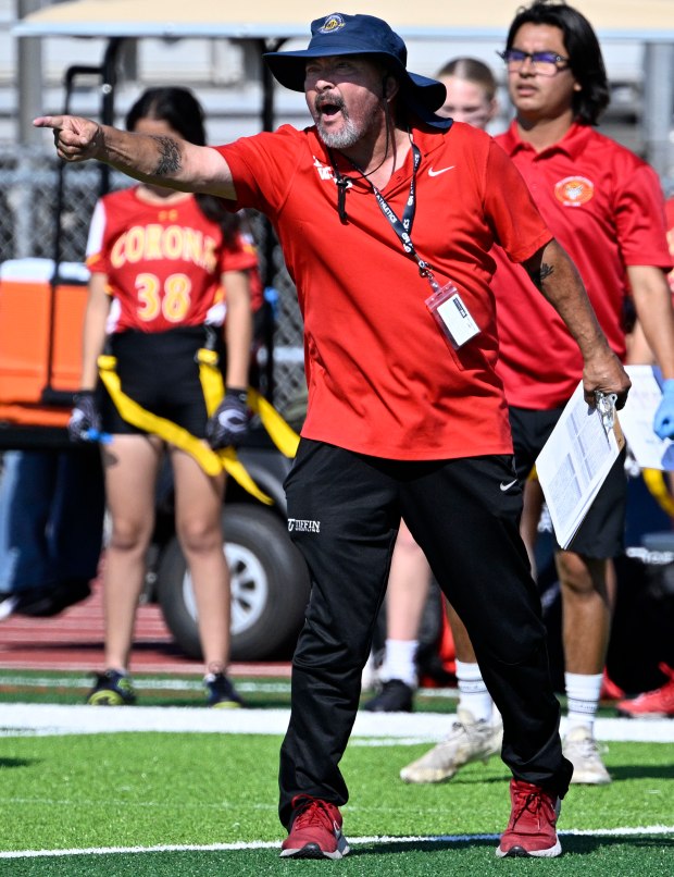 Corona head coach Jimmie Bowers during the Girls flag football...
