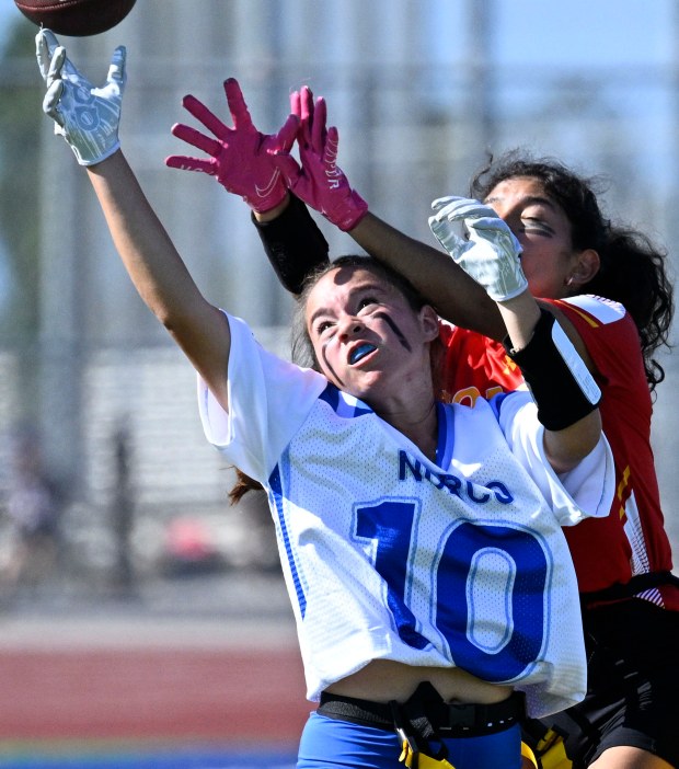 Norco’s Alyssa Amend #10 has the pass knocked away by...