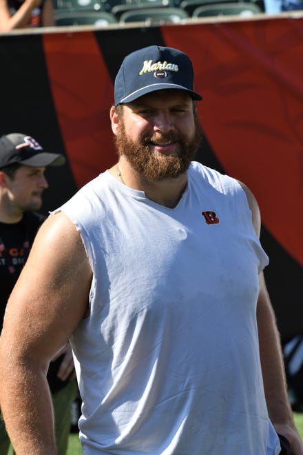 Cincinnati Bengals center Ted Karras encourages the ladies at the girls flag football kickoff jamboree sponsored by USA Flag Football and the Cincinnati Bengals at Paycor Stadium, Sept. 30, 2023.