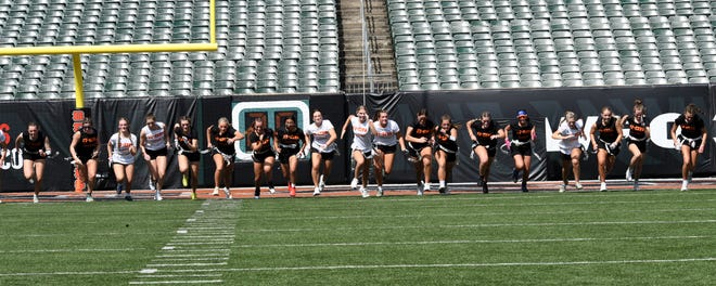 Ladies are off and running at the girls flag football kickoff jamboree sponsored by USA Flag Football and the Cincinnati Bengals at Paycor Stadium, Sept. 30, 2023.