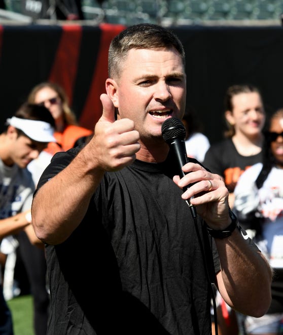 Cincinnati Bengals head coach Zac Taylor addresses the group of ladies at the girls flag football kickoff jamboree sponsored by USA Flag Football and the Cincinnati Bengals at Paycor Stadium, Sept. 30, 2023.