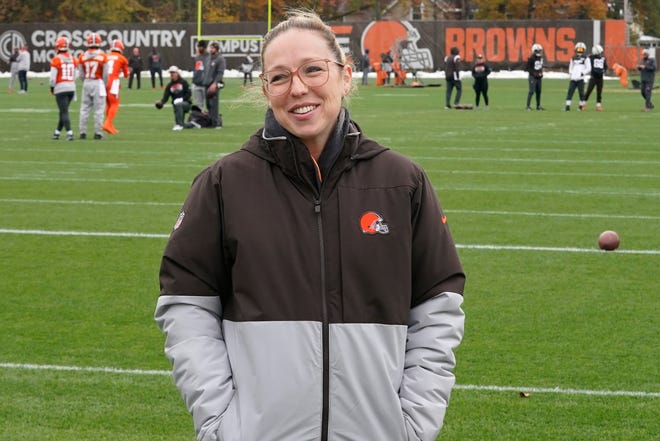 Catherine Raiche, assistant GM & vice president of football operations for the Cleveland Browns, is pictured during an interview at an NFL football practice, Thursday, Nov. 2, 2023, in Berea, Ohio. Now the highest-ranking female executive in league history, Raîche is one of the leaders of a women's football revolution bringing overdue balance to the NFL while opening more doors for women in a world once ruled exclusively by men. (AP Photo/Sue Ogrocki)