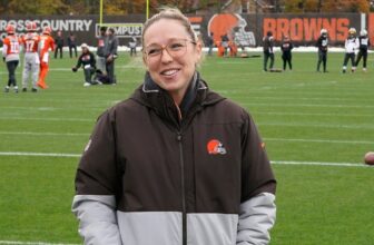 Catherine Raiche, assistant GM & vice president of football operations for the Cleveland Browns, is pictured during an interview at an NFL football practice, Thursday, Nov. 2, 2023, in Berea, Ohio.