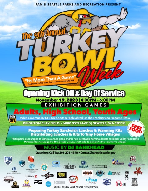 This flyer promotes the '9th Annual Turkey Bowl Week' starting with an 'Opening Kick Off & Day Of Service' on November 19, 2023. The event features exhibition games, turkey sandwich lunches, and distribution of warming kits, with encouragement to donate items to charity. 'MUSIC BY DJ BANKHEAD' is noted, and the flyer features a turkey mascot playing football, with event details and sponsor logos filling the bottom half.