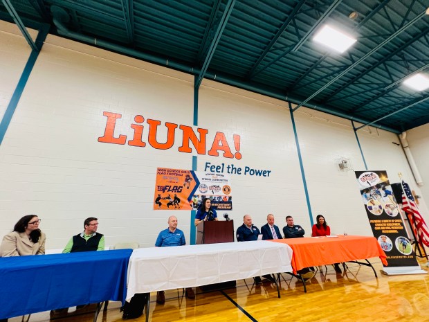 The creation of a girls flag football league in Section 2 was announced at a press conference Wednesday, Feb. 7, 2024, at the Laborers Local 190 conference center in Glenmont, N.Y. (MIKE GWIZDALA - MEDIANEWS GROUP).