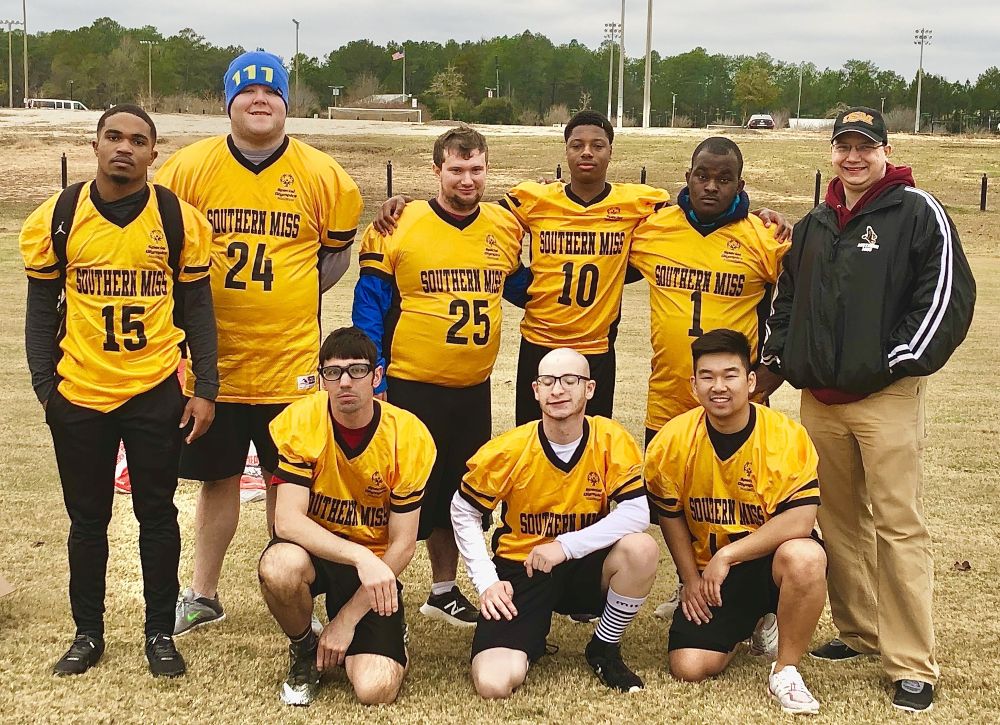 SO College Southern Miss Flag Football Team:  Front Row (left to right) Brandon C., Justin O. and Jonathon N. and Back Row (left to right) Nehemiah T., Taylor C., Dan L., Austin C., Victor V and SO College Advisor Scott Mullins.