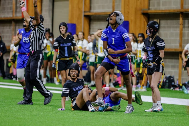Chicago Phillips celebrates a touchdown during the 2023 High School Girls Flag Football State Championships, hosted by the Chicago Bears at Halas Hall, Sunday, October 29, 2023, in Lake Forest, Illinois.