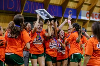 Lane Tech High School celebrates after winning the High School Girls Flag Football State Championship, hosted by the Chicago Bears at Halas Hall, Sunday, October 29, 2023, in Lake Forest, Illinois.